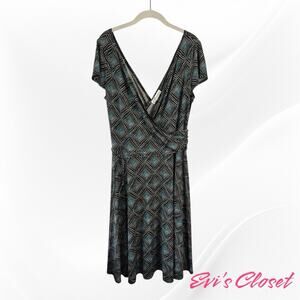 DB Faux Wrap Dress Women's Brown Turquoise Geometric Cap Sleeve Stretch Sz 16